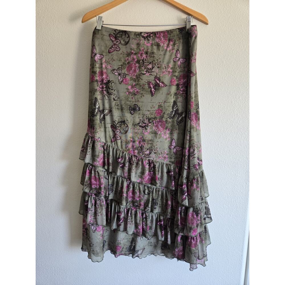 Sweet Society 2X Butterfly Floral Ruffle Midi Skirt Boho Garden Fairy Grunge - Picture 2 of 4